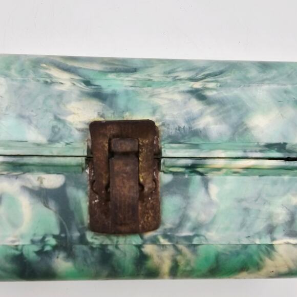 vintage Green Gray Marblelite Psychedelic Green Swirl Chest Fishing Tackle Box - Picture 9 of 12
